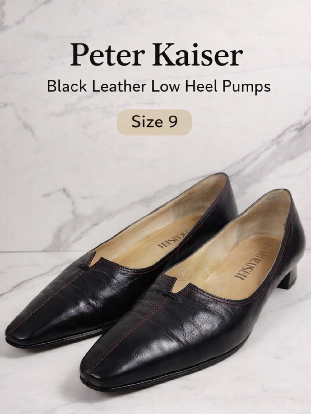 Peter Kaiser Black Leather Low Heel Pumps Square Toe Slip On Size 9
